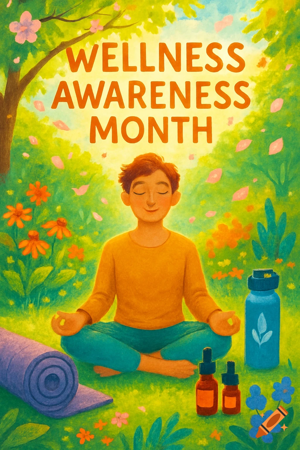 An illustration of a person meditating in a lush green field under a tree with the text "WELLNESS AWARENESS MONTH".