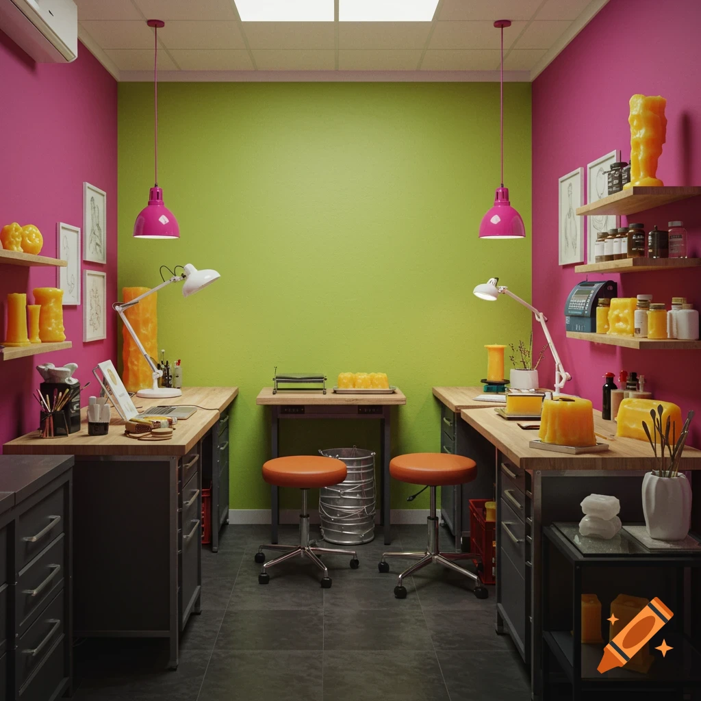 A vibrant interior of a wax studio with magenta and lime green walls, wooden desks, orange stools, and shelves filled with wax sculptures and art supplies.