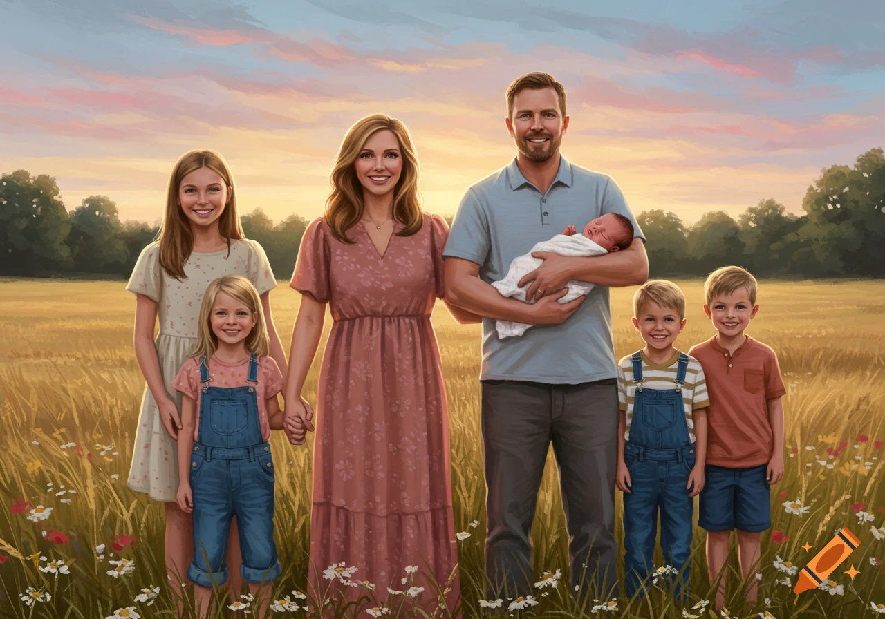 A smiling family of seven poses for a portrait in a golden field with wildflowers at sunset.