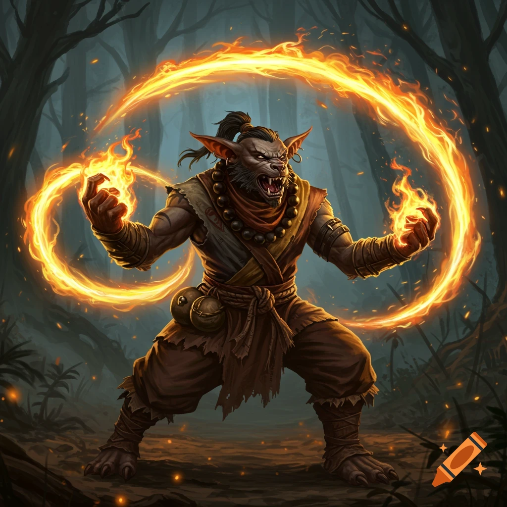 A bugbear monk with glowing eyes casts fire spells, forming fiery rings around his hands, in a dark forest.