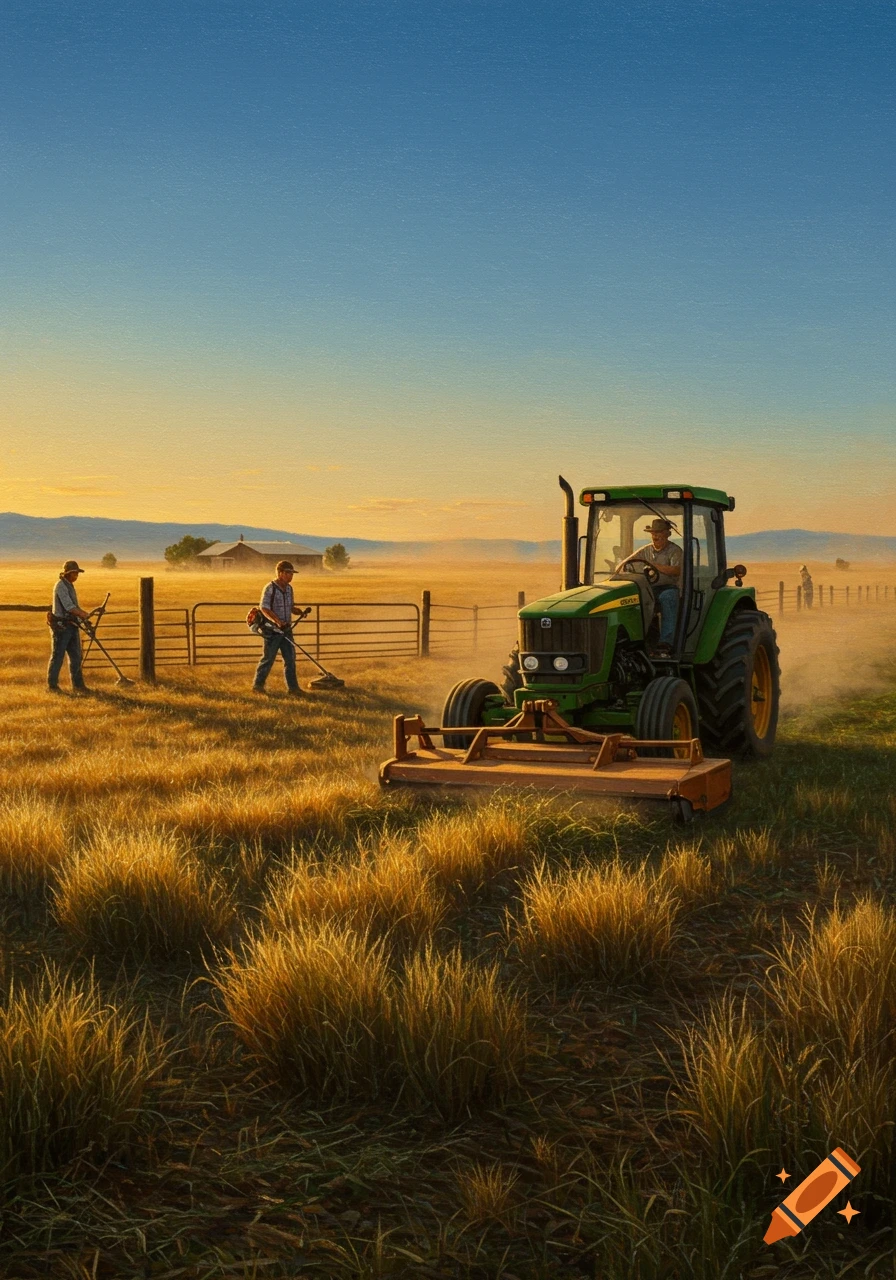 A photorealistic scene of farmers working in a field during golden hour. A man drives a green tractor with a brush hog, while two men use weed whackers by a fence.
