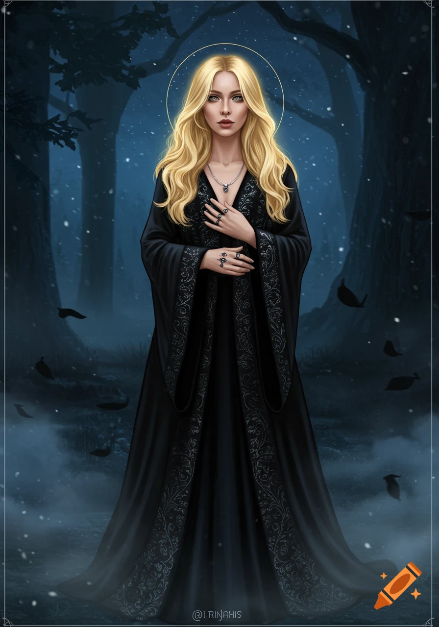 A blonde woman in a black dress with a halo stands in a dark, snowy forest.