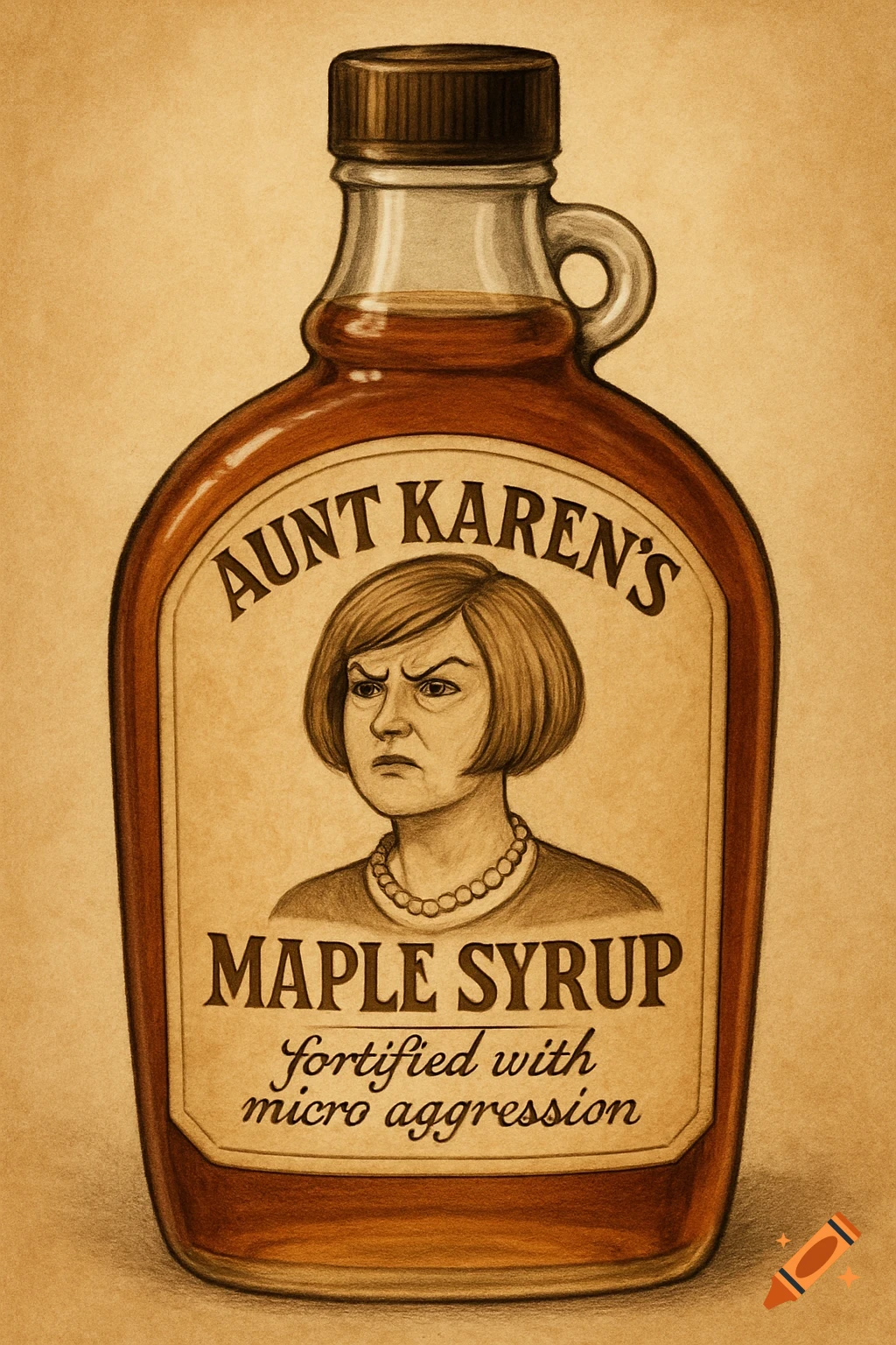 An illustrated maple syrup bottle with a vintage-style label reading "Aunt Karen's Maple Syrup" and showing a frowning woman caricature.