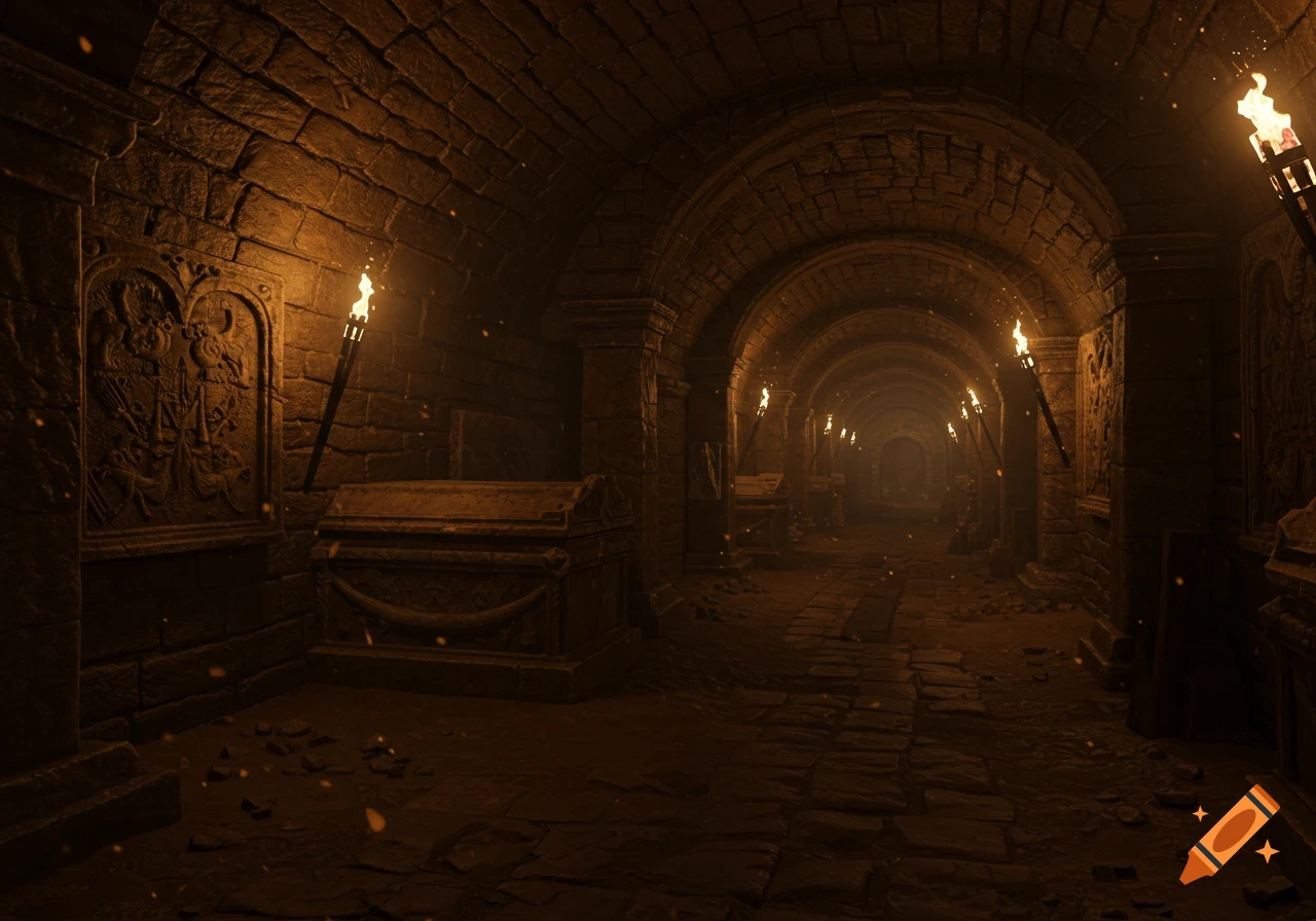 Dark, torch-lit medieval stone catacombs with arched passageways and sarcophagi, realistic style.