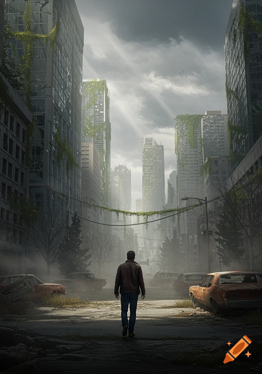 A lone man walks down a debris-filled street in a post-apocalyptic city with vine-covered, ruined skyscrapers and abandoned cars under a hazy sky.