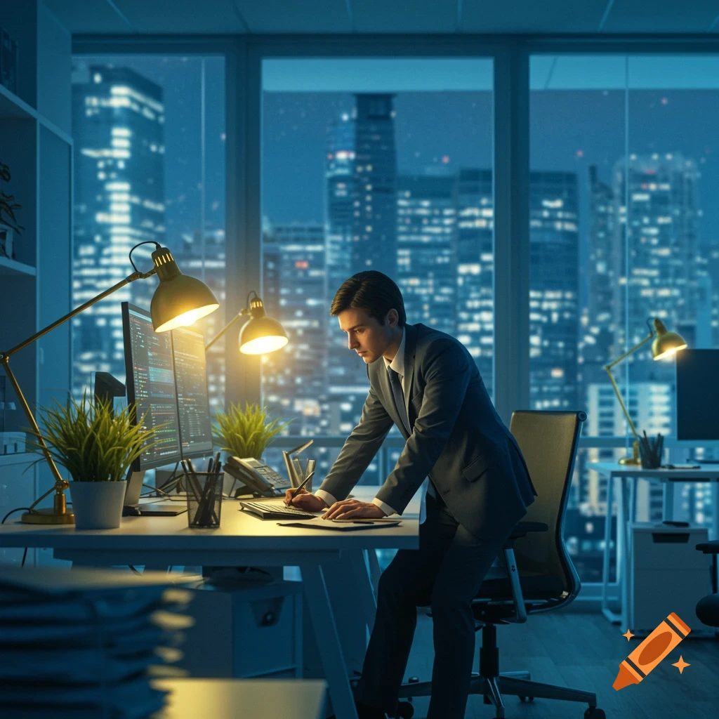 A man in a suit works at a desk with two lamps and computer monitors displaying code, overlooking a city skyline at night.