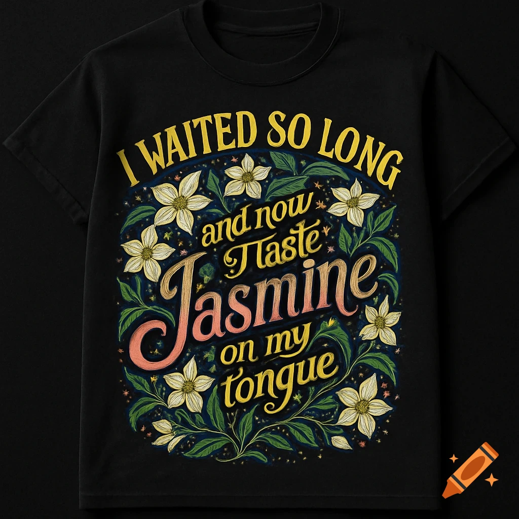 A black t-shirt featuring intricate floral patterns and the text "I waited so long and now I taste jasmine on my tongue" in a decorative font.