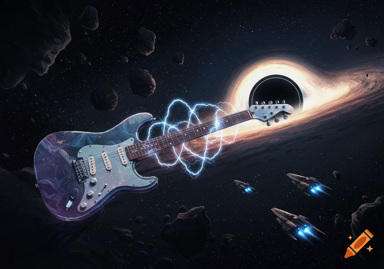An electric guitar with lightning bolts around its neck floats in deep space, near a glowing black hole and several spaceships, with asteroids scattered throughout.