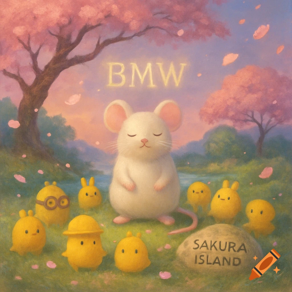 A fluffy white mouse meditates in a vibrant, painterly landscape with cherry blossom trees and falling petals, surrounded by small yellow creatures. The words "BMW" float in the sky, and "SAKURA ISLAND" are on a rock.