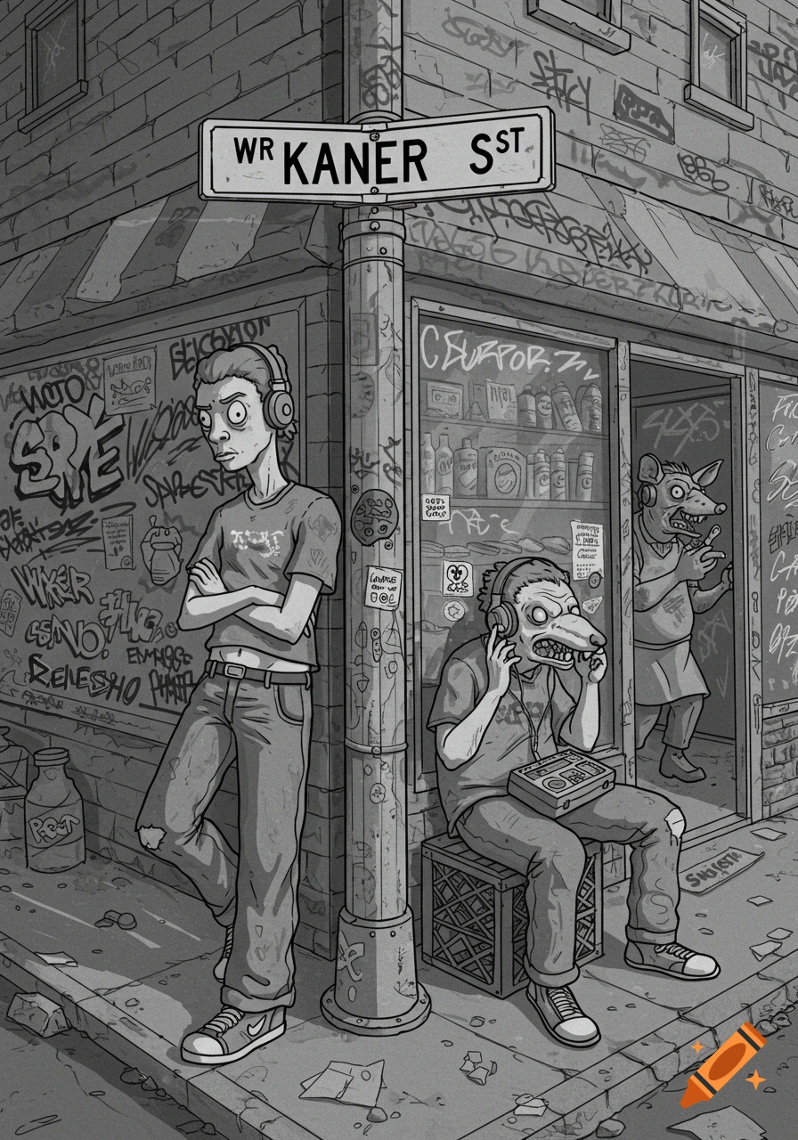 A black and white cartoon illustration of a gritty street corner with a sign for "KANER S^ST". Two stylized male figures with creature-like faces wear headphones, one leaning on a pole, the other sitting on a milk crate. Graffiti covers the walls of a corner store, where a third rat-faced character is seen in the doorway.