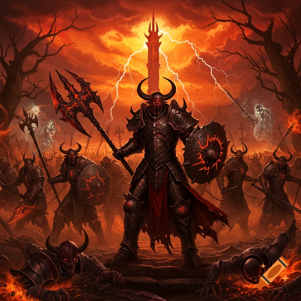 Demonic warriors in black armor with glowing red eyes stand on a fiery battlefield under a stormy orange sky with lightning.