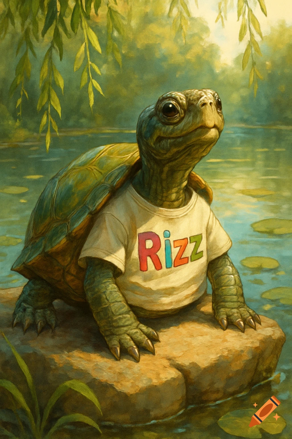 A turtle wearing a white t-shirt that says 'Rizz' in colorful letters sits on a rock in a pond with lily pads and willow leaves hanging above, in a painterly style.