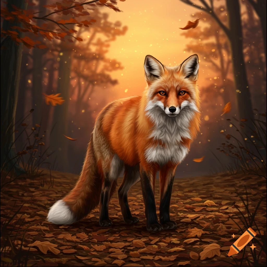 A detailed red fox stands in an autumn forest with glowing light and fallen leaves.