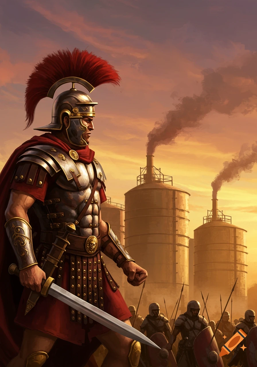 A Roman soldier in armor with a sword stands before industrial silos and smoke against an orange sunset, other soldiers in background.