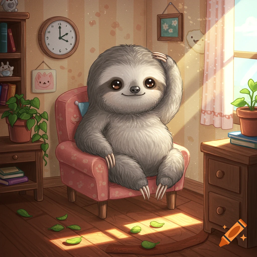 A cute, fluffy chibi sloth sits on a pink armchair, its paw on its head, in a sunlit room with wooden floors and scattered leaves.