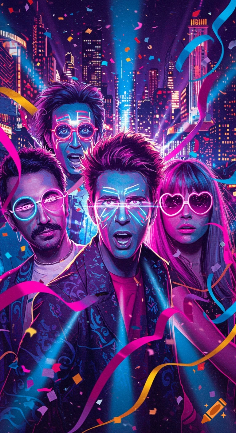 Four people with vibrant neon face paint and glowing glasses celebrate at a night party with confetti and a blurred city skyline.