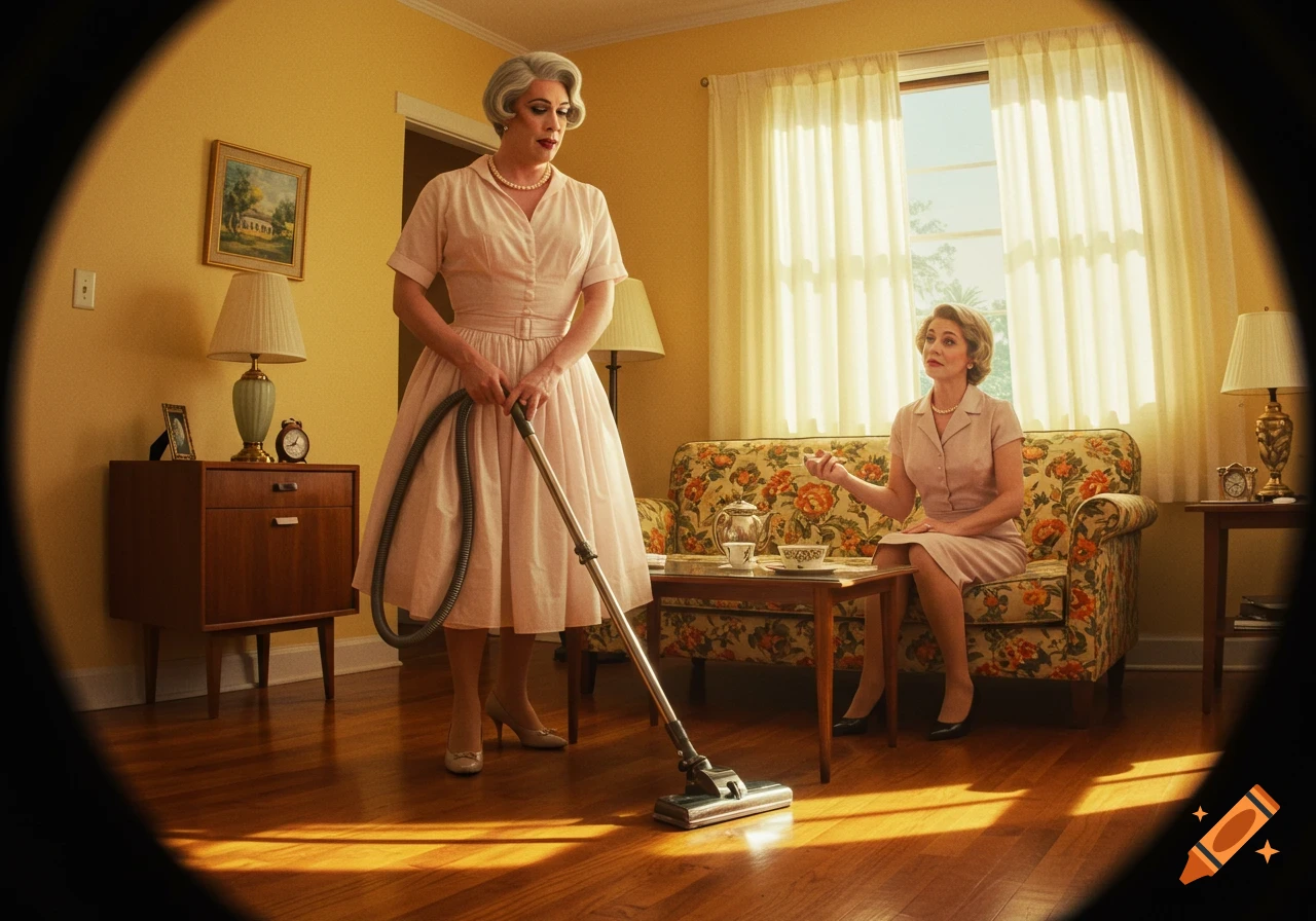 A photorealistic image of a crossdresser in a 1950s housewife dress vacuuming a living room, while a woman watches from a floral sofa.
