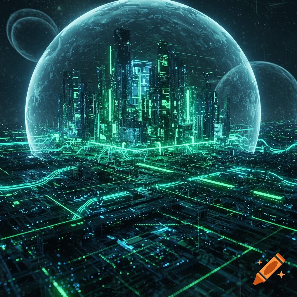 Futuristic city under clear domes with glowing green circuits and illuminated buildings.