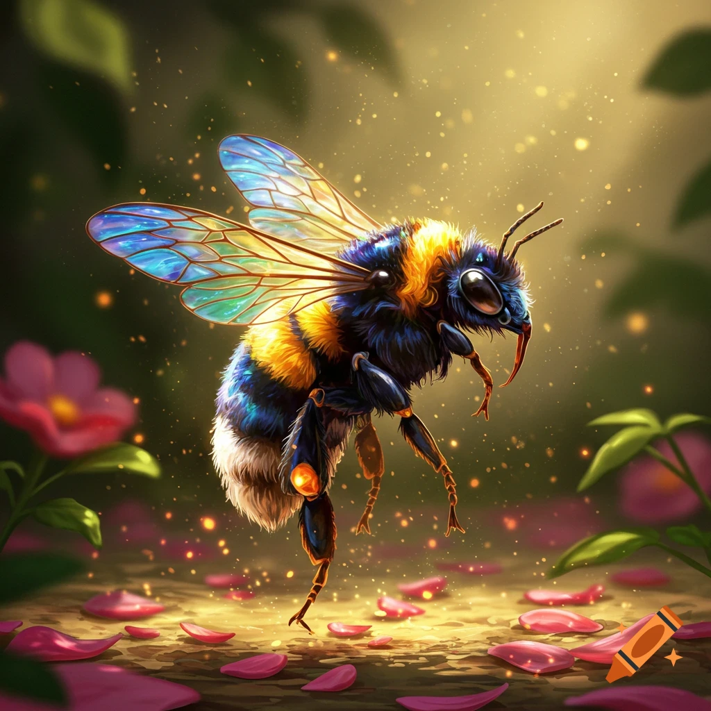 A vibrant bumblebee with colorful, stained-glass-like wings hovers above glowing pink petals in a magical, sunlit garden.