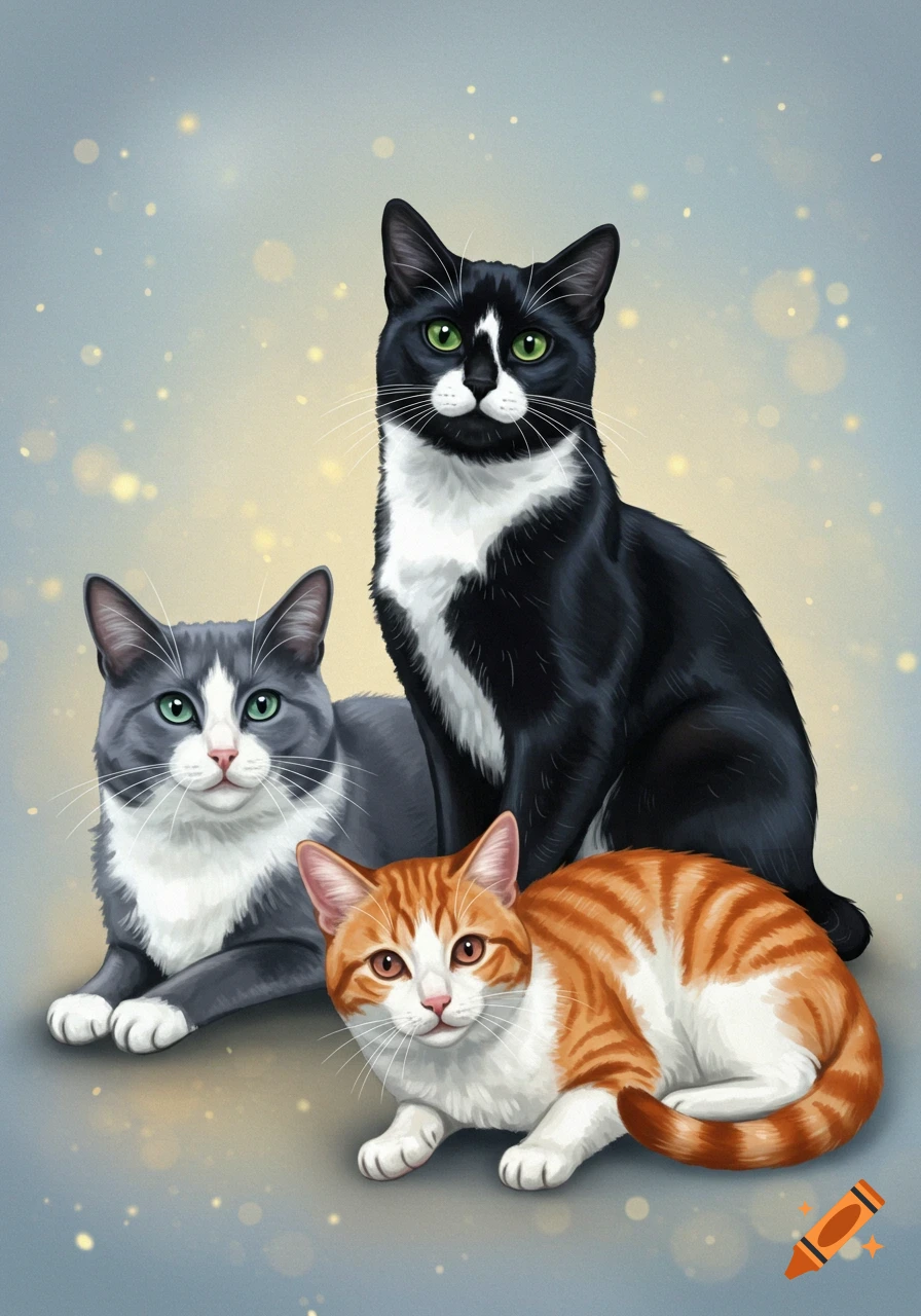 A black and white tuxedo cat, a grey and white cat, and an orange and white tabby cat pose together in an illustrative style.