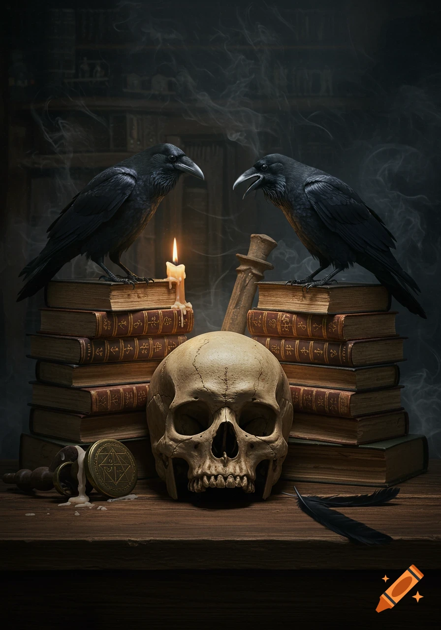 A photorealistic still life featuring a human skull, two ravens perched on stacks of old books, and a lit candle, set in a dark, atmospheric room.