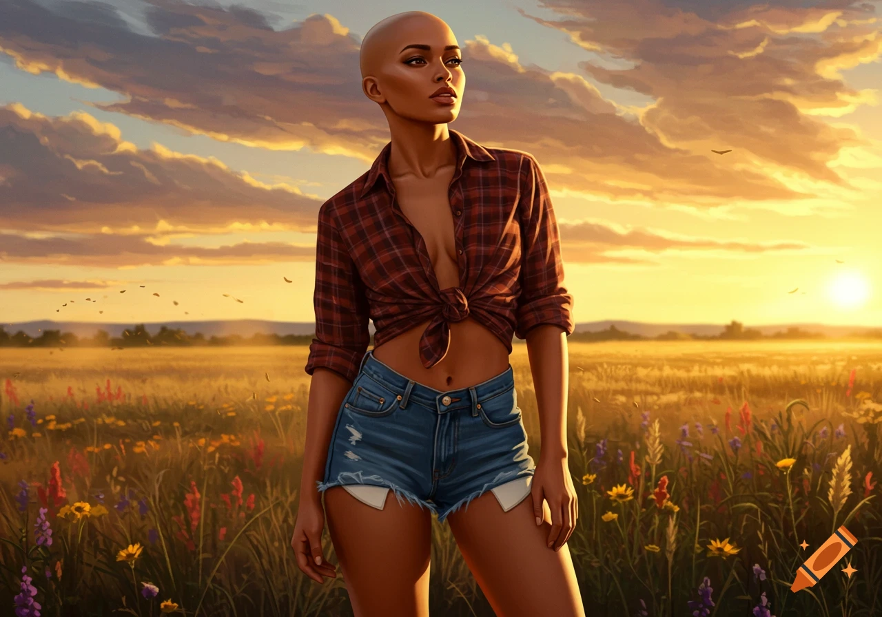 Photorealistic image of a bald woman in a tied plaid shirt and cutoff denim shorts standing in a field at sunset.