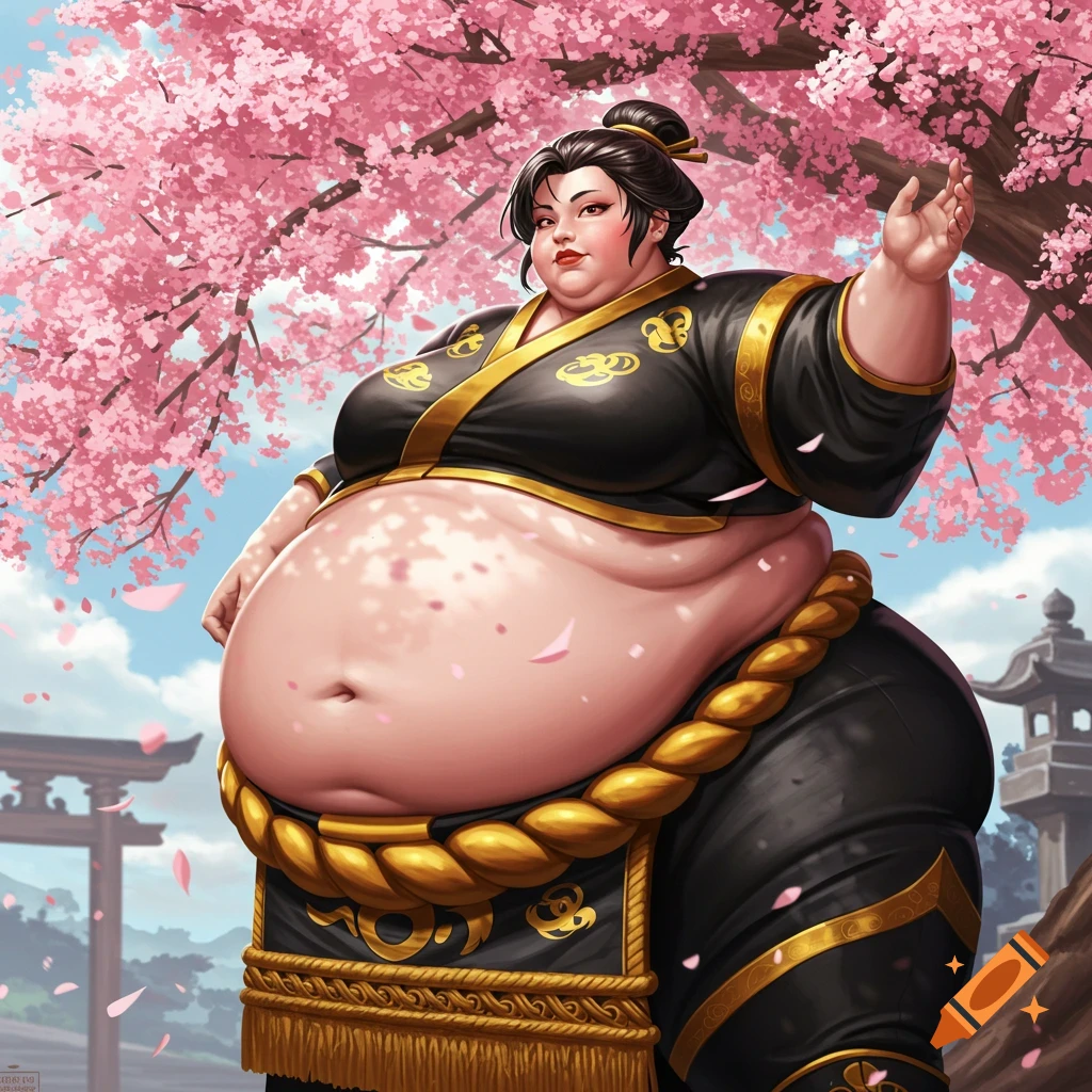 An imposing female sumo wrestler in a black and gold uniform, with a very large belly, stands under a cherry blossom tree. Digital art.