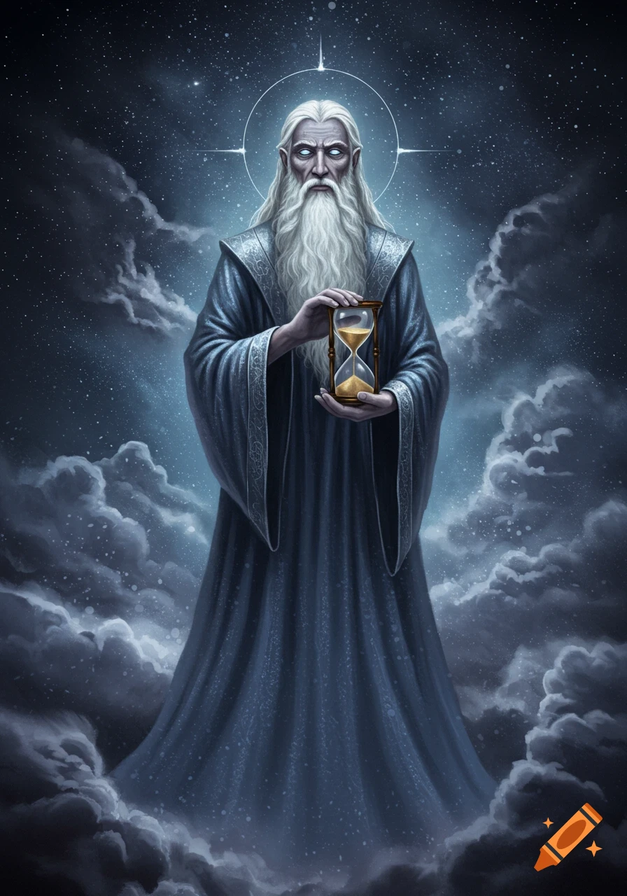 Mystical old man with a long white beard and glowing eyes in a dark robe holds an hourglass against a starry, cloudy night sky.