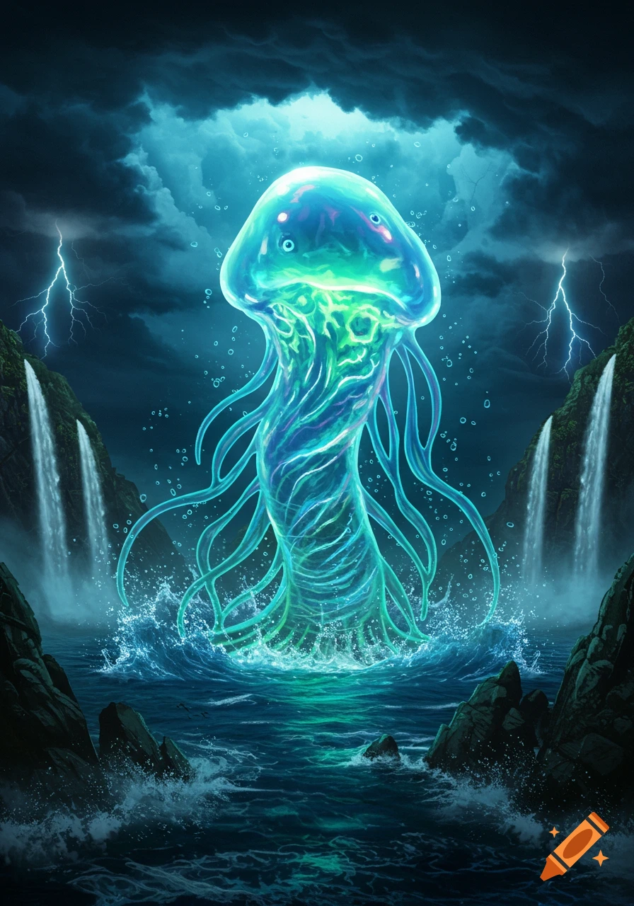 A glowing, bioluminescent jellyfish creature rises from stormy waters between waterfalls, with lightning in the dark sky.