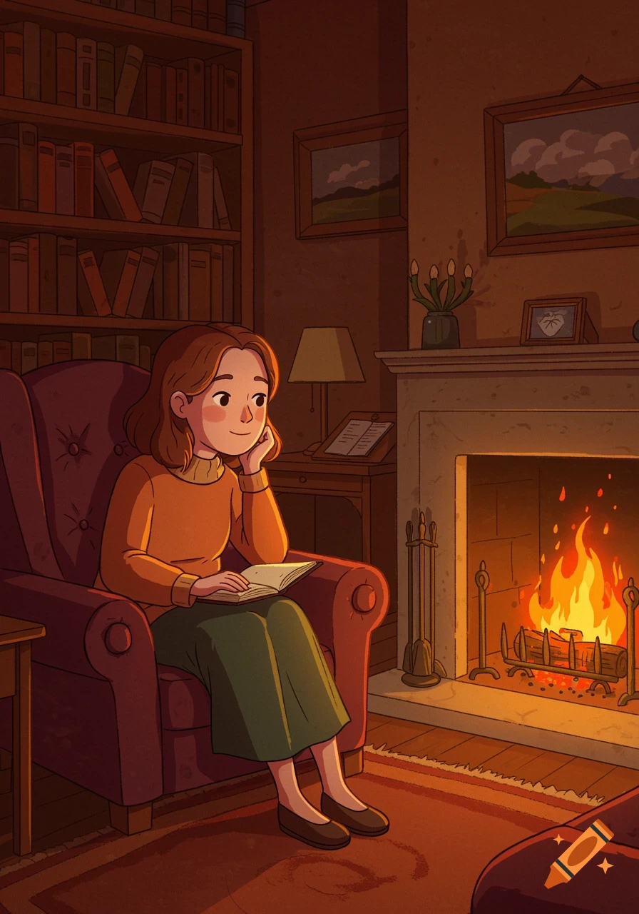 Cartoon illustration of a woman reading in an armchair by a roaring fireplace in a cozy study.