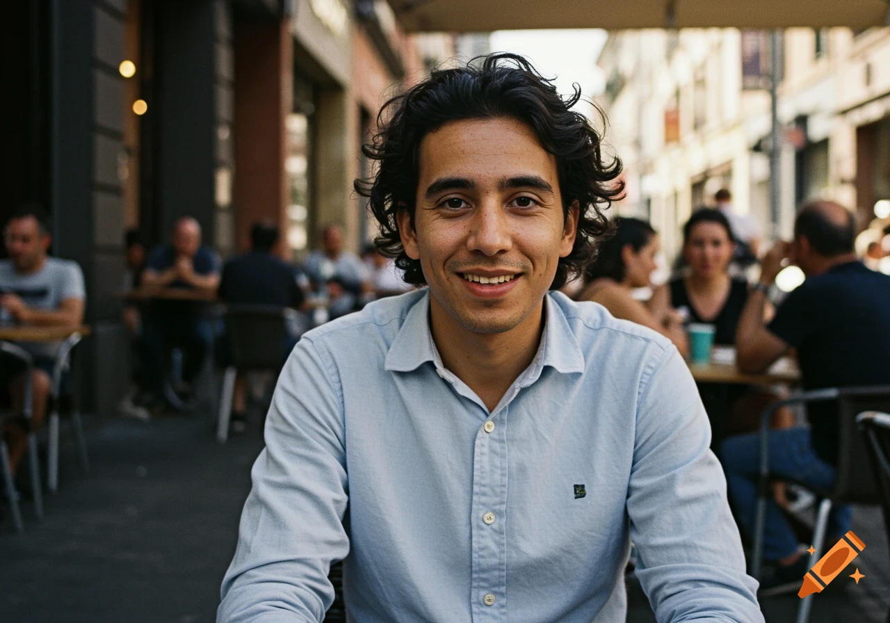 A smiling young man with curly dark hair and a light blue shirt looks directly at the camera while sitting outdoors at a cafe.