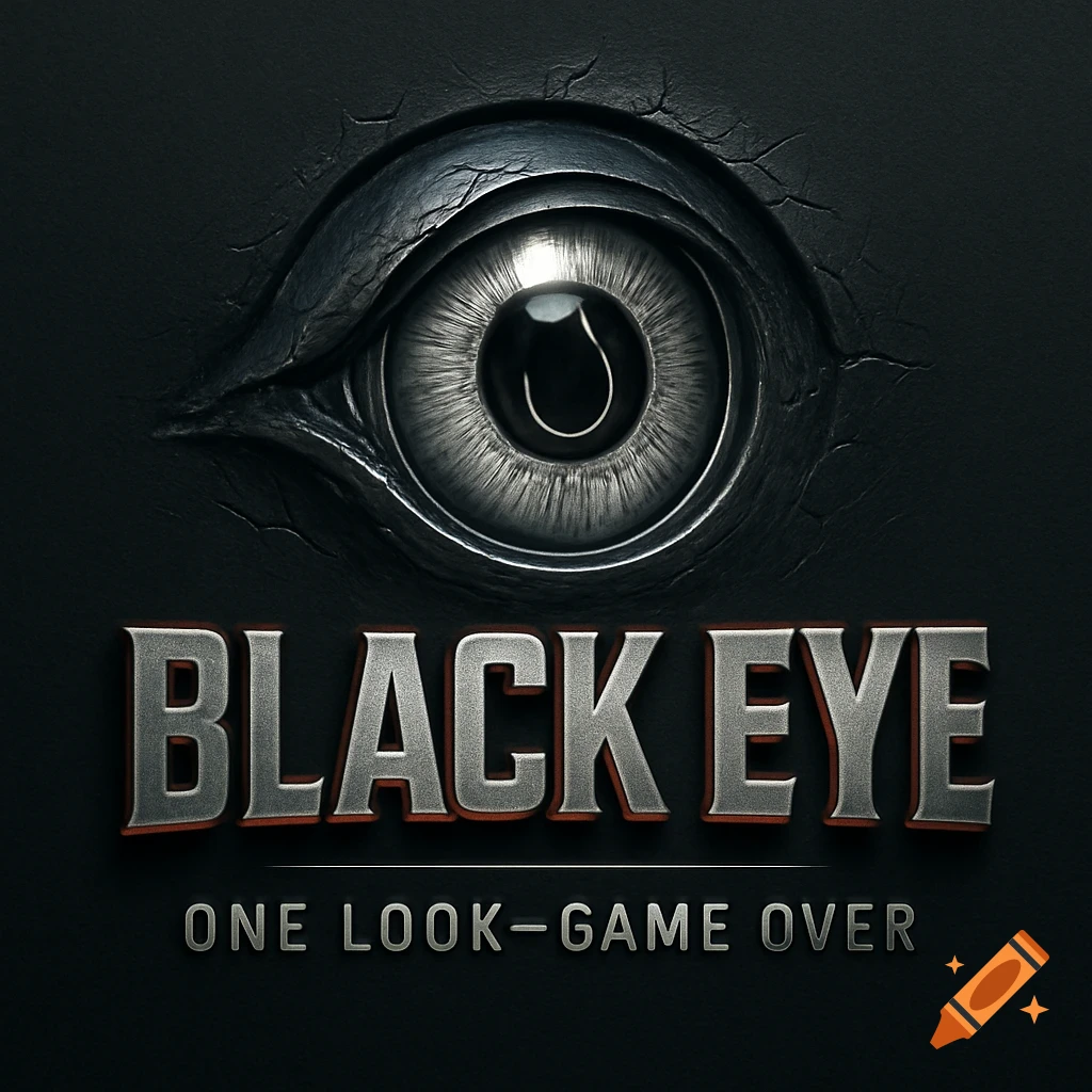 A dark 3D logo featuring a detailed, cracked eye with a fishing hook reflection in the pupil, above metallic text 'BLACK EYE' and 'ONE LOOK-GAME OVER'.