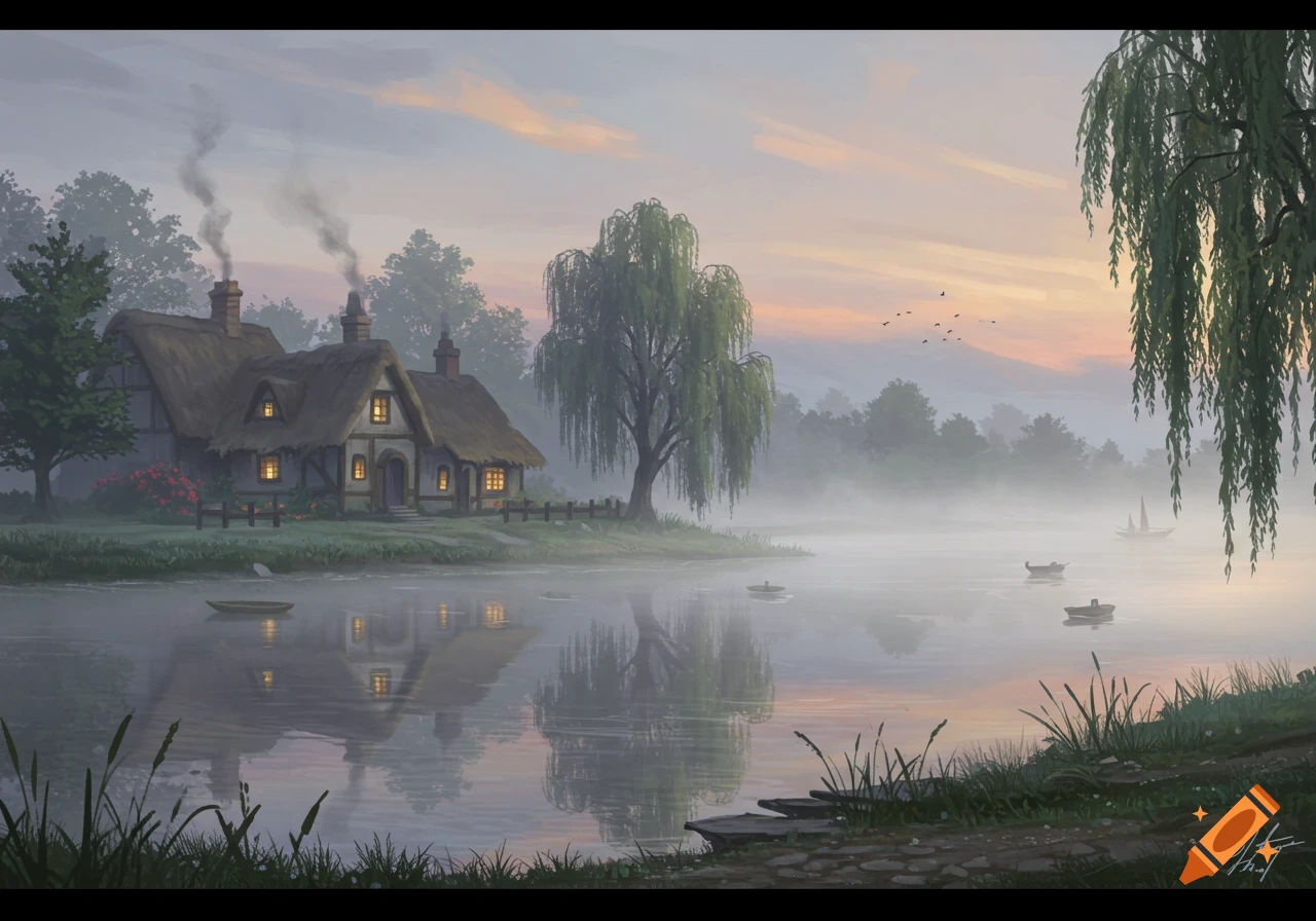A tranquil painting of a thatched cottage by a misty lake at dawn, with a large willow tree and small boats.