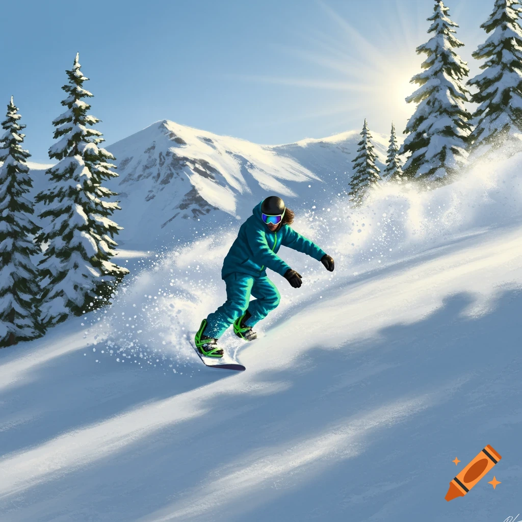A person in a turquoise suit snowboards down a snowy mountain slope with pine trees under a bright blue sky.