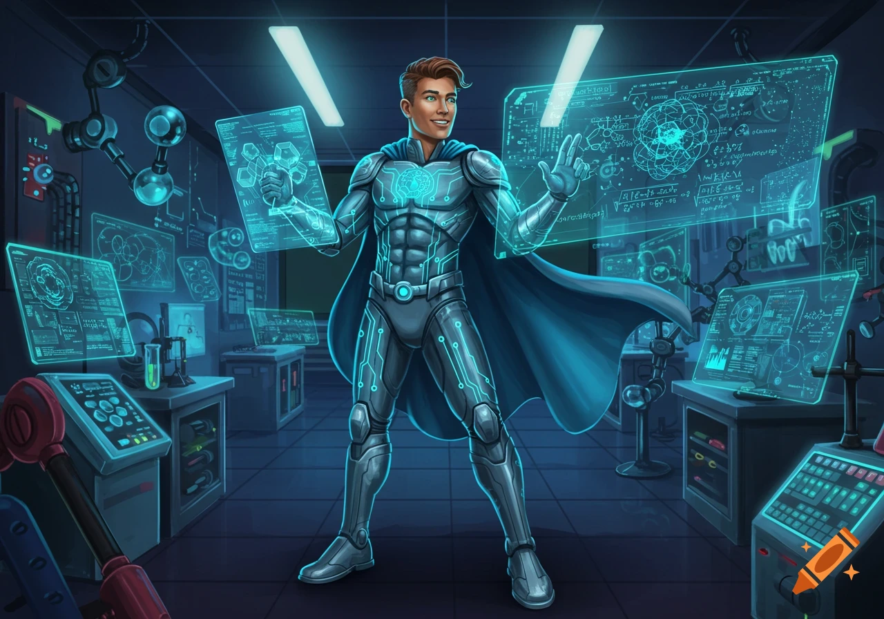 A superhero in a grey suit with glowing blue circuitry and a blue cape stands in a futuristic science lab with holographic displays.