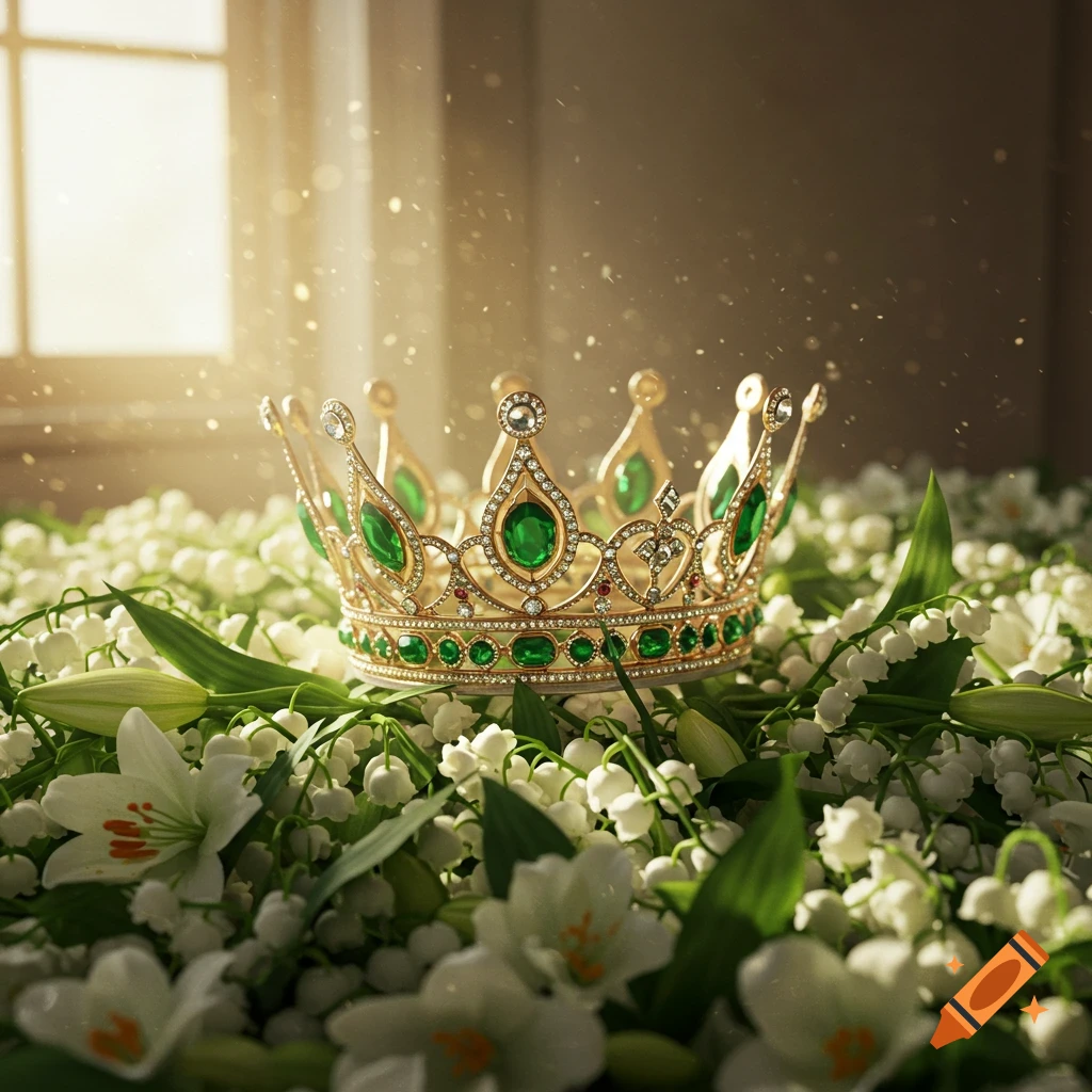 A golden crown with green gems rests on a bed of white lilies, bathed in warm sunlight from a window.