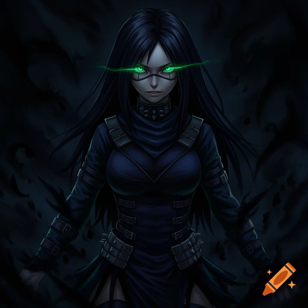A mysterious anime-style character with long black hair, glowing green eyes, and a dark, buckled outfit, surrounded by shadowy tendrils.