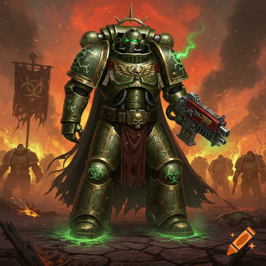 A green armored warrior with glowing eyes and biohazard symbols stands amidst a fiery, ruined battlefield with other warriors in the background.