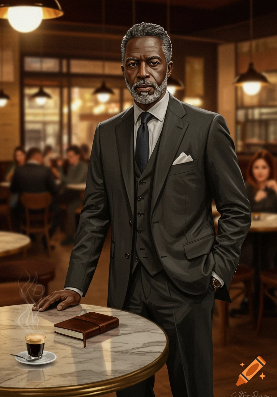 Illustrated portrait of a distinguished Black man in a dark suit, standing at a cafe table with coffee and a notebook.