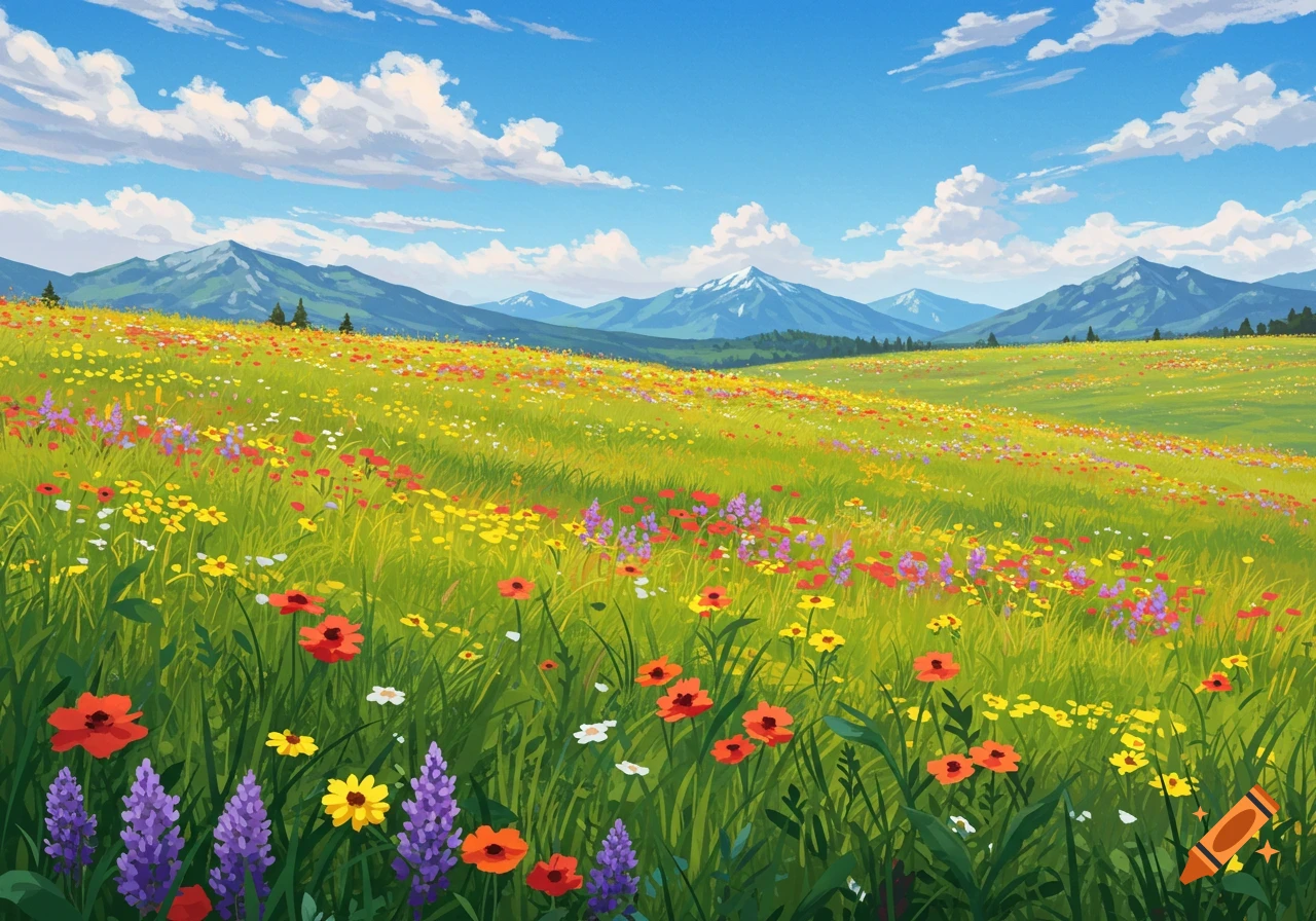 A vibrant, rolling meadow with colorful wildflowers and distant mountains under a blue sky with white clouds.