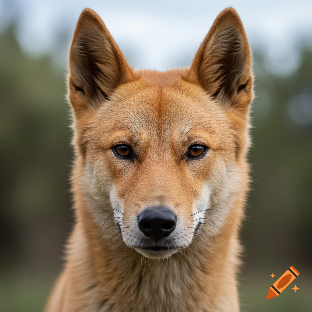 A close-up, photorealistic portrait of a tan dingo looking directly forward with a blurred natural background.