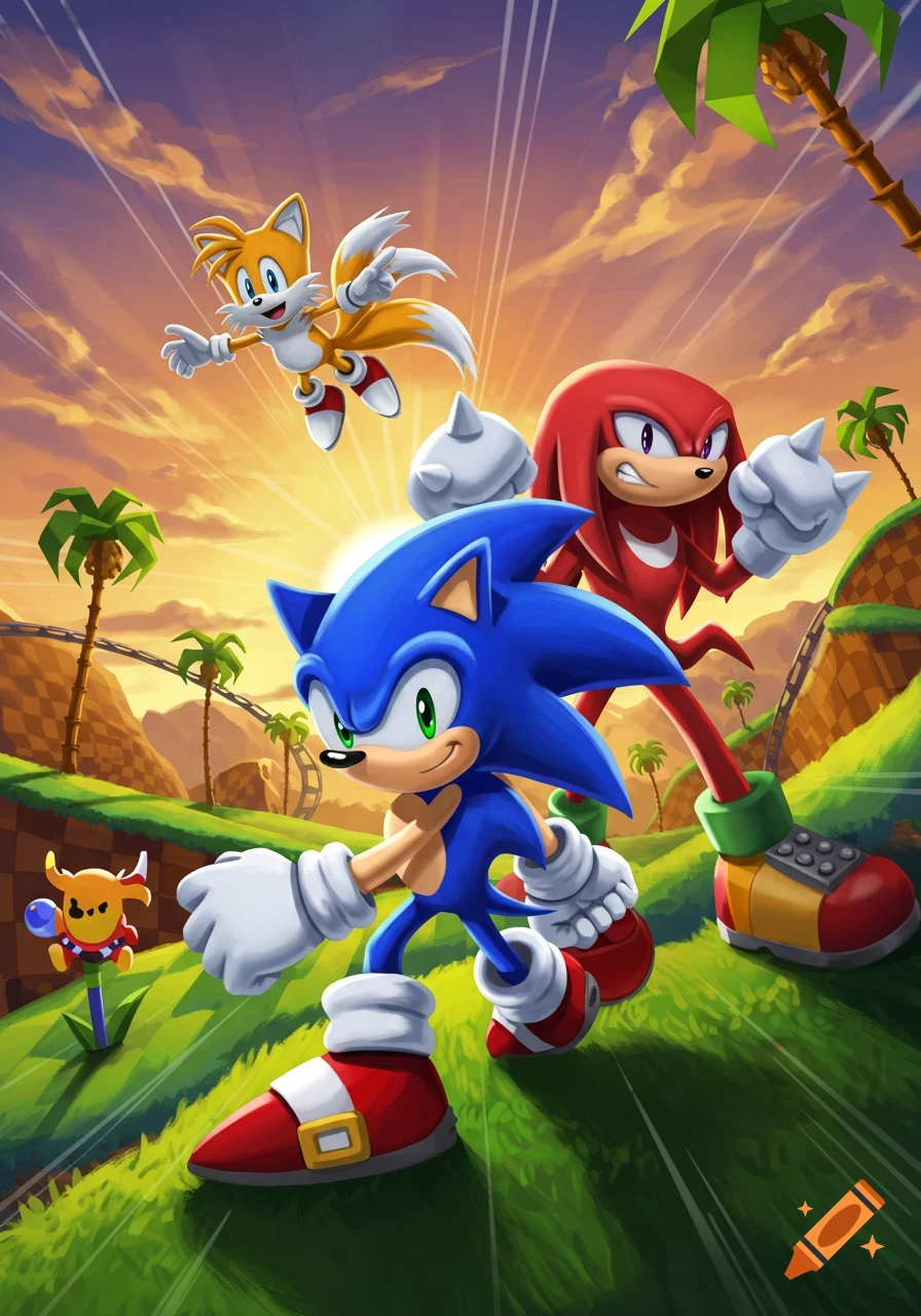 Vibrant cartoon art of Sonic running, Knuckles with fists up, and Tails flying over a green hill landscape at sunset.