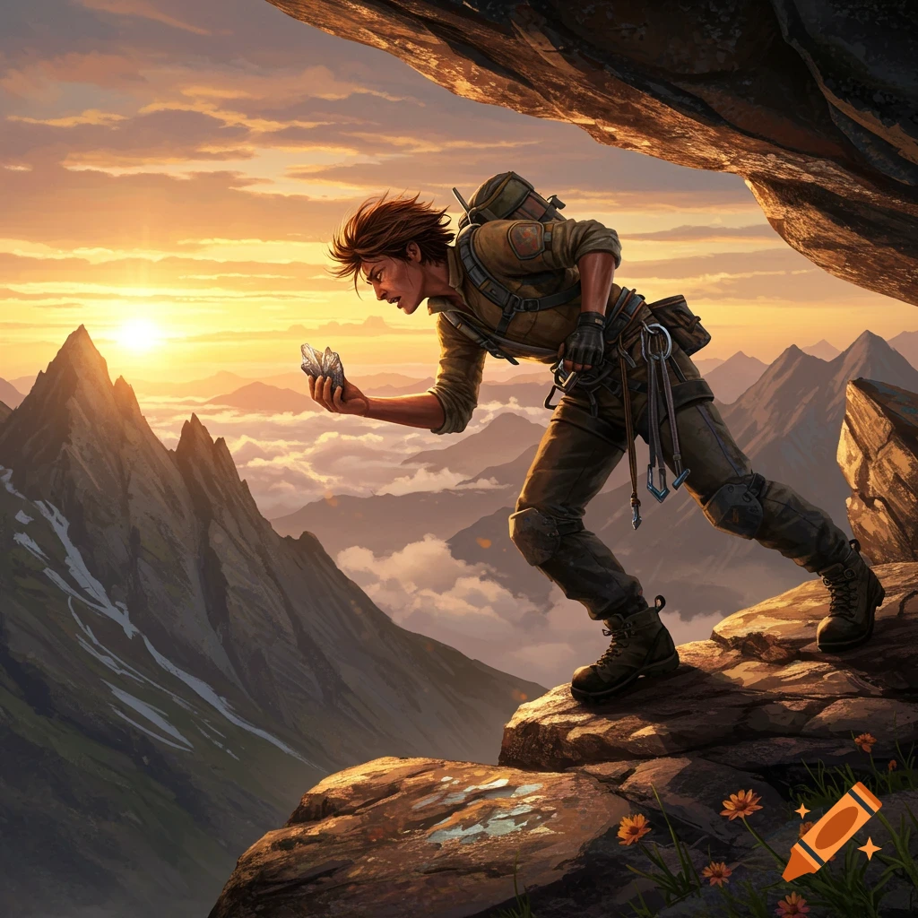 A geologist on a mountain peak examines a glowing crystal at sunset, with clouds and other peaks below, digital painting.