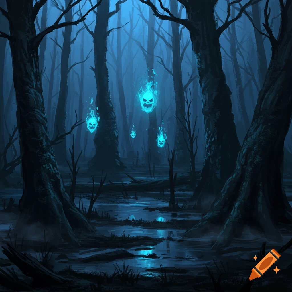 Eerie dark blue swampy forest with glowing blue skull spirits floating among the bare trees.