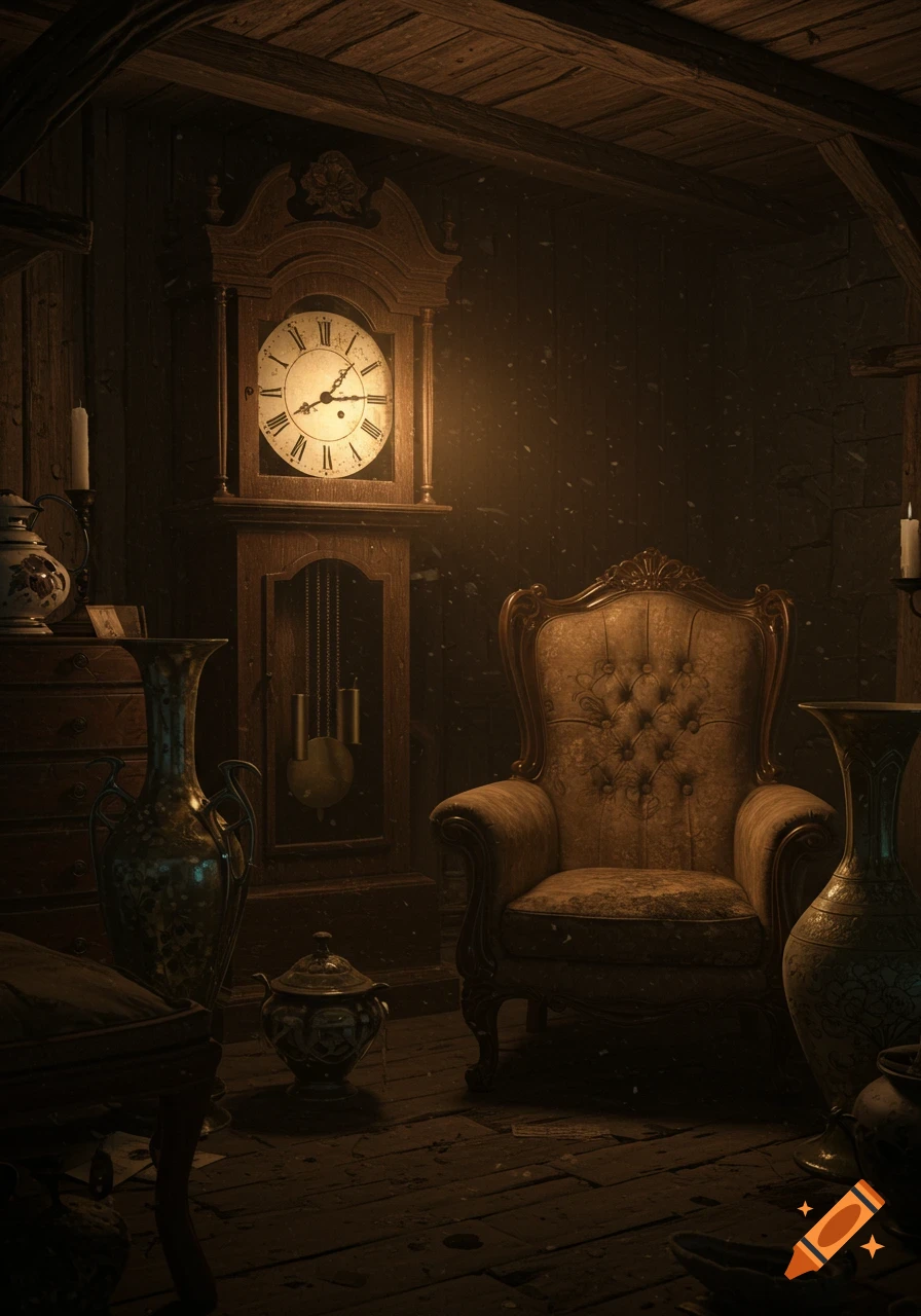 A dimly lit, dusty room features an antique grandfather clock, an ornate upholstered armchair, and decorative vases.