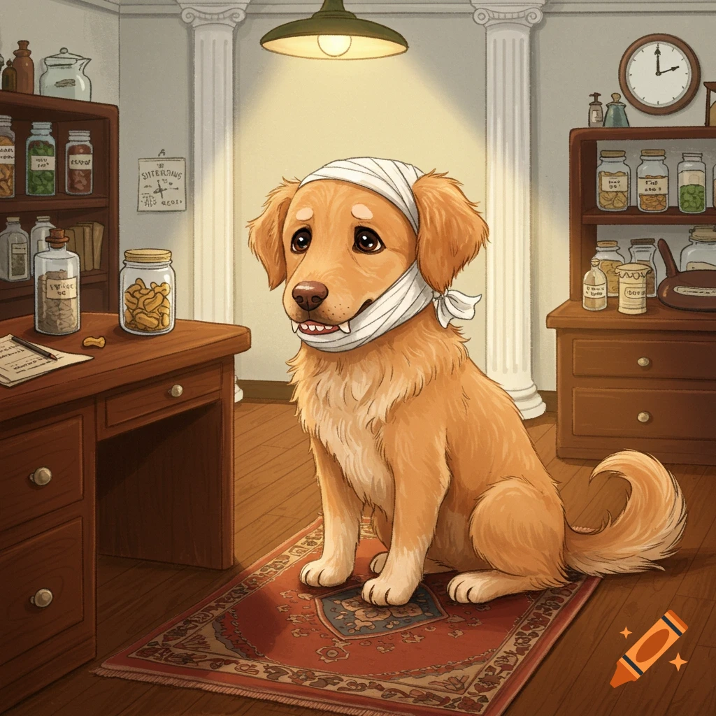 A sad golden retriever with a bandage wrapped around its head sits on a patterned rug in a doctor's office.