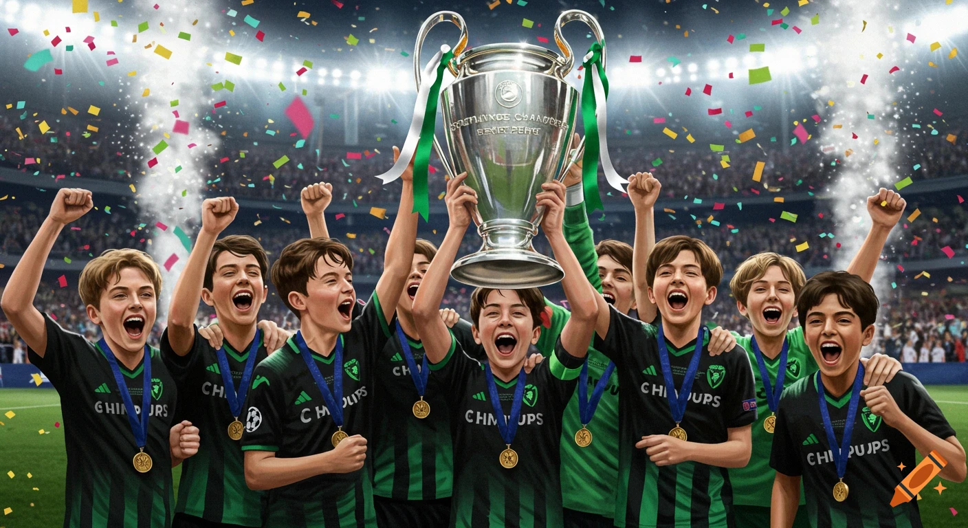 A boys' soccer team cheers excitedly, holding a large silver trophy amidst falling confetti in a stadium.