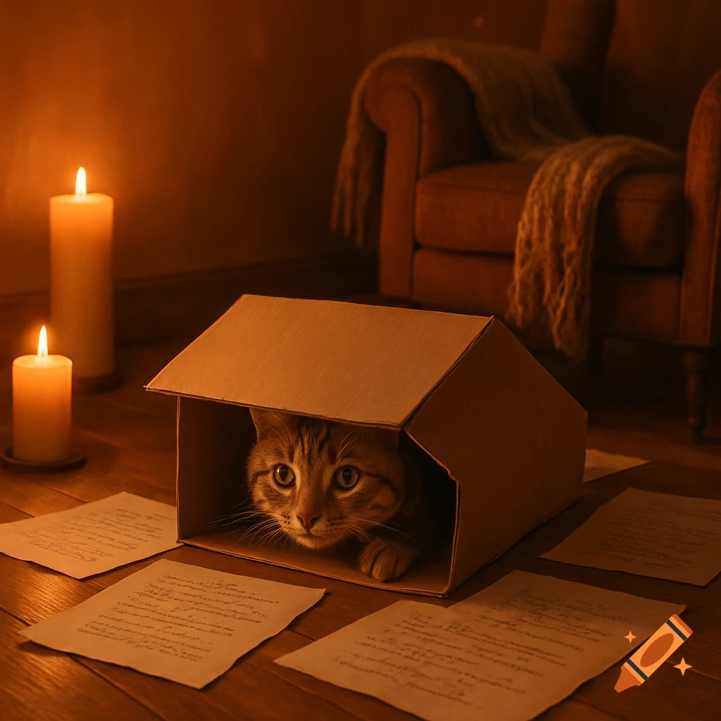 A tabby cat peeks out from a cardboard box shaped like a house, surrounded by scattered handwritten papers and two lit candles on a wooden floor in a warm, dimly lit room.