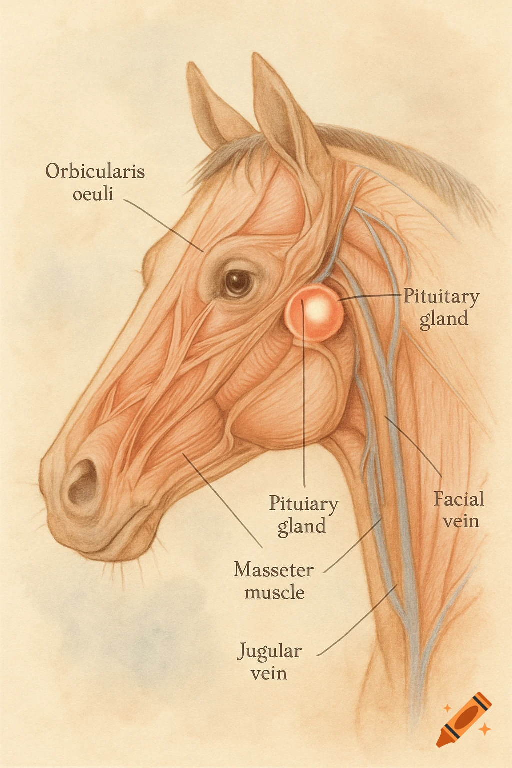 An artistic pastel drawing of a horse's head with internal anatomical structures and vessels labeled.