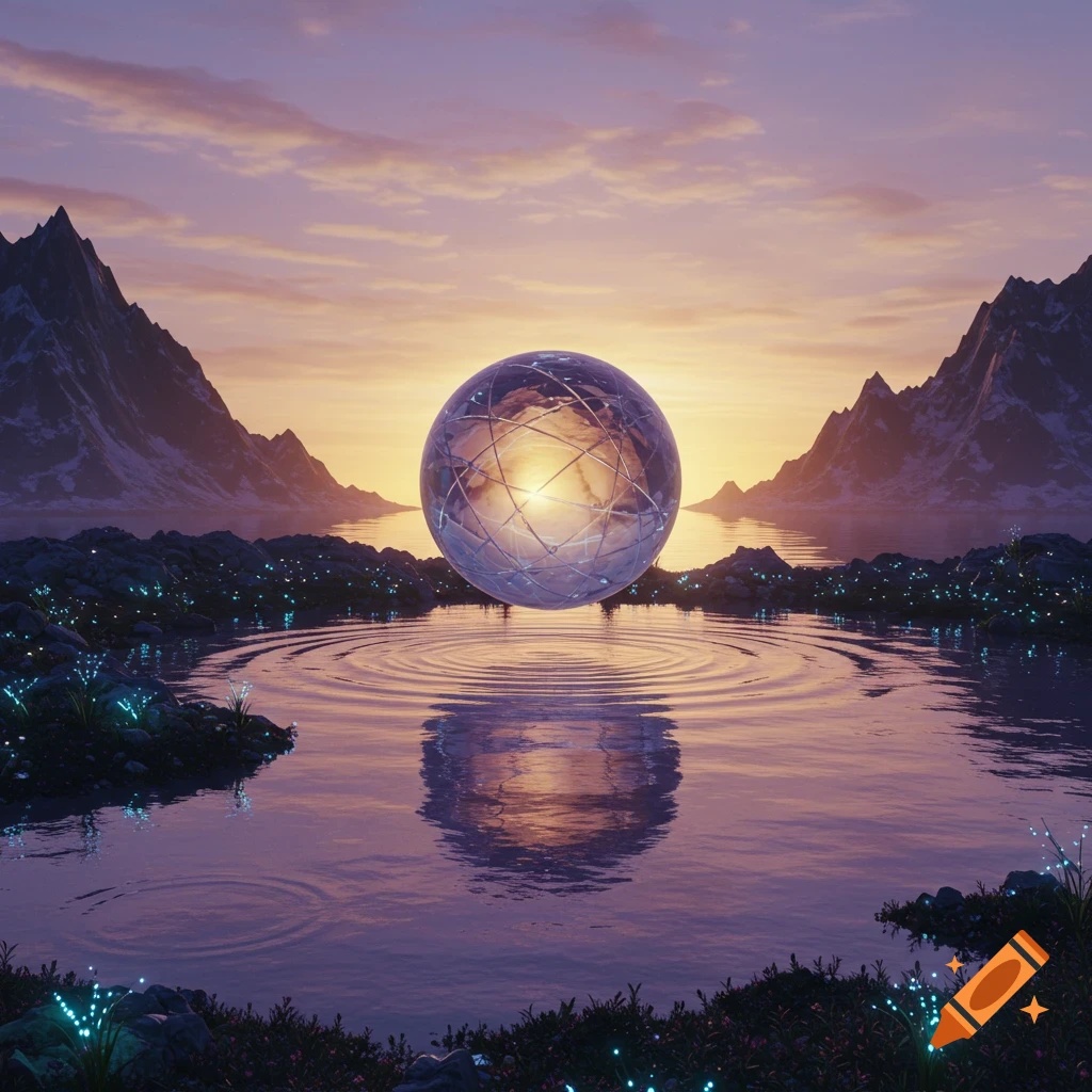 A large, glowing, crystalline orb floats over a tranquil lake, reflecting a sunset sky over distant mountains, with glowing plants in the foreground.
